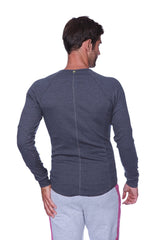 Thermal v-neck long sleeve charcoal shirt in dark gray heathered textured fabric shown from the back with central seam