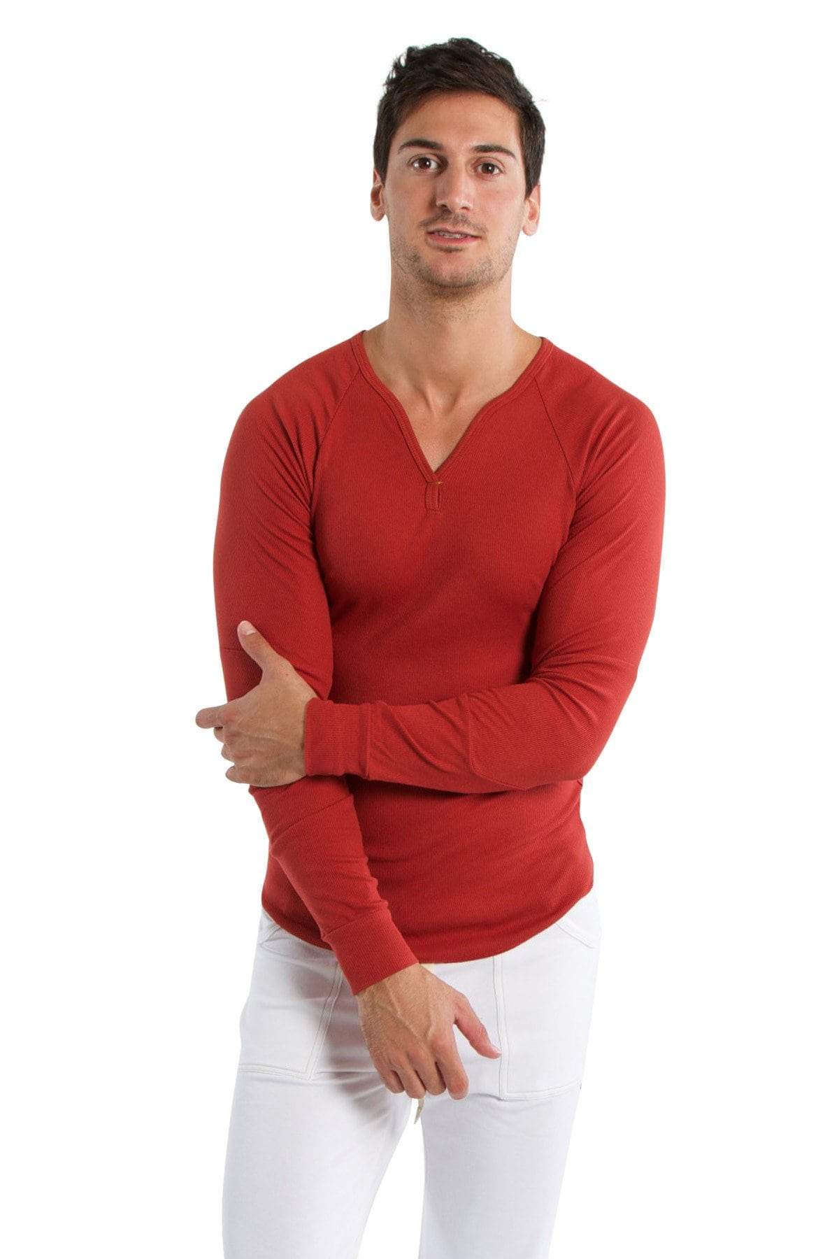 Thermal v-neck long sleeve cinnabar is a red fitted long-sleeve thermal shirt with a v-neck design