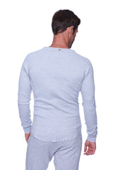 Thermal v-neck long sleeve heather grey shirt with light gray heathered fabric and subtle ribbed cuffs