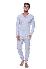 Light gray thermal v-neck long sleeve top and matching jogger pants set in heather grey for casual wear