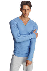 Light blue thermal v-neck long sleeve shirt with ribbed texture and raglan sleeves for casual wear