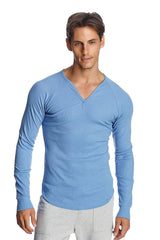 Light blue ribbed thermal v-neck long sleeve shirt made from warm stretchy fabric for casual layering