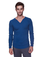 A men’s thermal v-neck long sleeve shirt in solid royal blue made from soft knit fabric for warmth and comfort