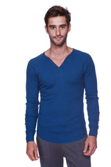 A men’s thermal v-neck long sleeve shirt in solid royal blue made from soft knit fabric for warmth and comfort