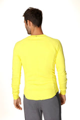 Bright yellow thermal v-neck long sleeve shirt with fitted cut and ribbed cuffs for athletic use