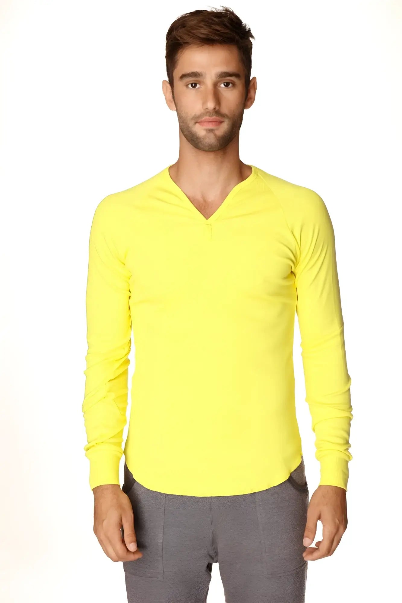 Bright yellow thermal v-neck long sleeve shirt made of warm material for cold weather layering