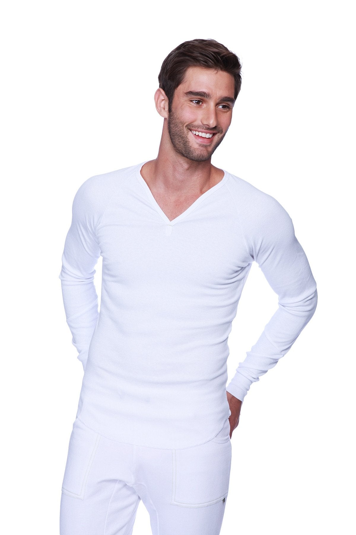 White thermal v-neck long sleeve underwear set made of warm material for cold weather layering