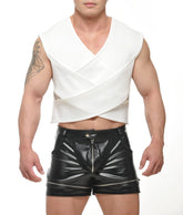 White sleeveless theta crop top with v-neck and crisscross front design perfect for casual wear