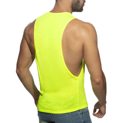 Bright neon yellow sleeveless tank top with deep back cutout shown from the back named thin flame low rider