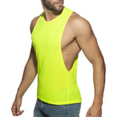 Bright neon yellow sleeveless tank top thin flame low rider with distinctive back cutout shown from the back side