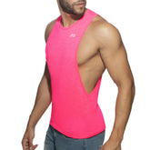Bright pink thin flame low rider athletic tank top with cutout back and subtle brand logo on the chest