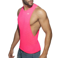 Bright pink thin flame low rider athletic tank top with cutout back and subtle brand logo on the chest