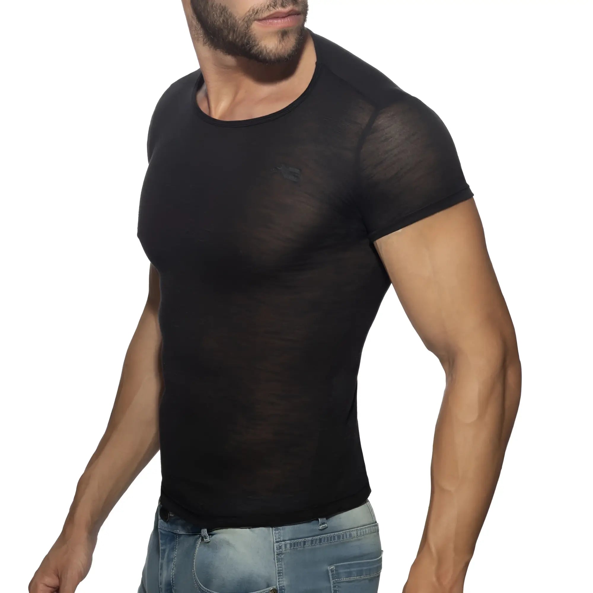 Black sheer mesh short-sleeved thin flame t-shirt with round neckline perfect for lightweight layering