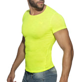 Bright neon yellow thin flame t-shirt with a fitted design and subtle brand logo on the chest