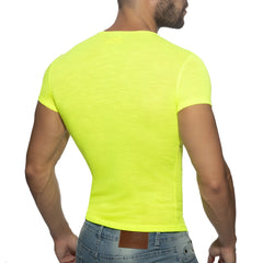 Bright neon yellow thin flame short-sleeved men’s fitted t-shirt made from lightweight breathable fabric