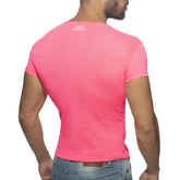 Back view of thin flame men’s t-shirt in vibrant pink with subtle textured fabric and arena logo