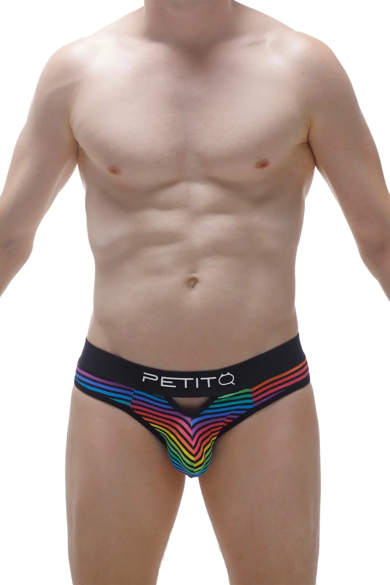 Black men’s briefs with vibrant rainbow chevron pattern and petitq logo waistband from the Thong Alouis Monti collection