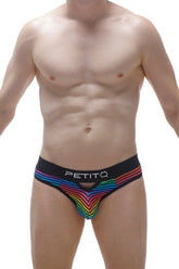 Black men’s briefs with vibrant rainbow chevron pattern and petitq logo waistband from the Thong Alouis Monti collection