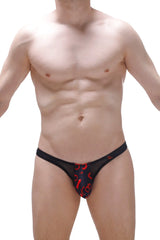 Black thong with red devil-themed pattern from thong andlau boudoir featuring a bold playful design