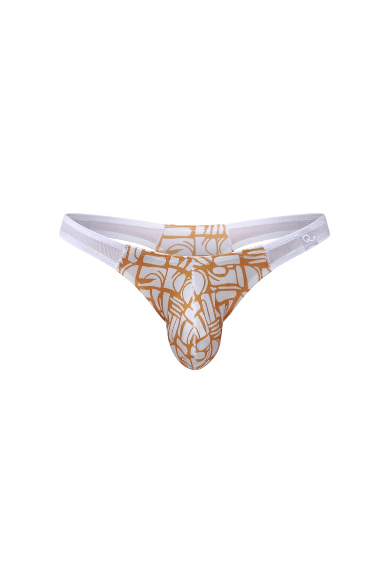 A white and gold patterned thong with geometric design from PetitQ thong Annoix Carlot alloy collection