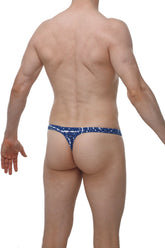 Blue patterned thong with white abstract design from PetitQ thong annoix new denim collection