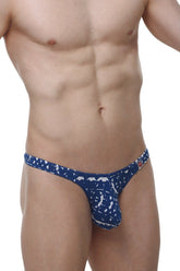 Blue patterned men’s thong with white abstract design from PetitQ Annoix new denim collection