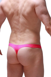Thong Arkueil Bee Pink bright pink mesh textured thong with solid red waistband shown from the back side
