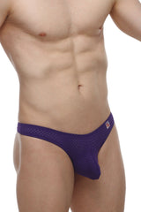 Purple mesh thong petitq arkeuil bee purple with small red and white logo on the waistband visible on the back side