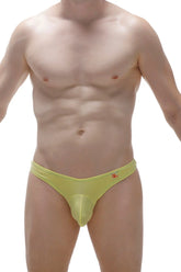 A vibrant lime green sheer mesh brief with a central pouch and a small red logo on the waistband