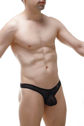 Black mesh thong auzas durtol with perforated design and small red logo on waistband shown from the back side