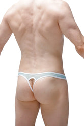Light blue and white mesh thong ausas net green with thin supportive waistband showing front side