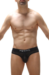 Black mesh thong auzis durtol briefs with perforated design and petitq logo on waistband