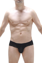 Black lace-trimmed mens thong in smooth form-fitting design shown from the back from Thong Barboy Black collection