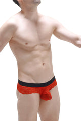 Red lace men’s thong underwear with a black waistband from thong barboy red collection