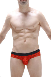 Red lace men’s thong barboy red underwear with black waistband showing front view