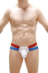White athletic thong barro briefs with red and blue elastic bands designed for active wear
