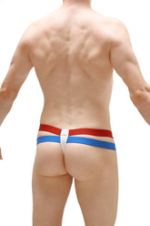Thong barro white striped thong with red and blue stripes and a white central panel