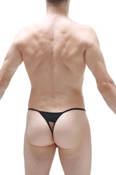 Black thong baufal with a thin sleek design showing the back side for comfortable everyday wear