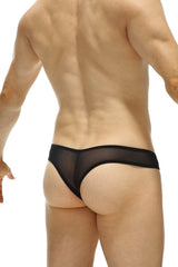 Black sheer mesh thong bavent temae with solid black waistband shown from the back side
