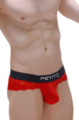 Red lace-trimmed men’s briefs with a black waistband in the thong Blécourt red style