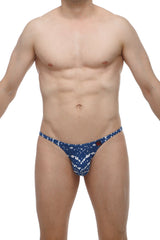 PetitQ thong Bram new denim men’s blue and white patterned cotton thong with a small red button detail on the side