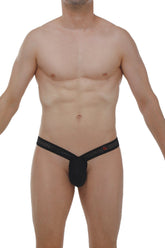 Black mesh briefs with a red petitq logo on the waistband showing the front side of the brech durtol black thong