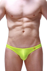 Bright neon yellow thong bulan joe sheer mesh briefs with a small orange logo on the waistband