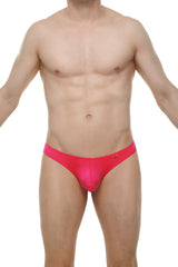 Bright pink thong bulan joe with form-fitting glossy fabric and small logo on waistband front view