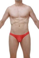 PetitQ Thong Bulan plum crimson bright red form-fitting men’s briefs with subtle logo on waistband front view