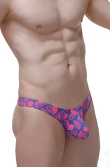 Vibrant pink and purple heart and leaf patterned thong bulan tropical hearts front side view