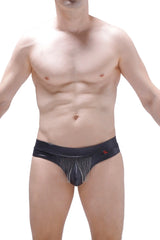 Black leather-like thong cabaret petitq with a central front panel featuring dangling silver chains