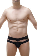Black men’s briefs thong carlat black with distinctive cutout design and small red logo on waistband front view