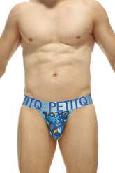 Blue and rainbow-patterned petitq men’s briefs with pride text and heart motifs in thong cellieux pride design