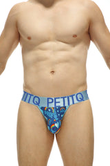 Blue and rainbow-patterned petitq men’s briefs with pride text and heart motifs in thong cellieux pride design